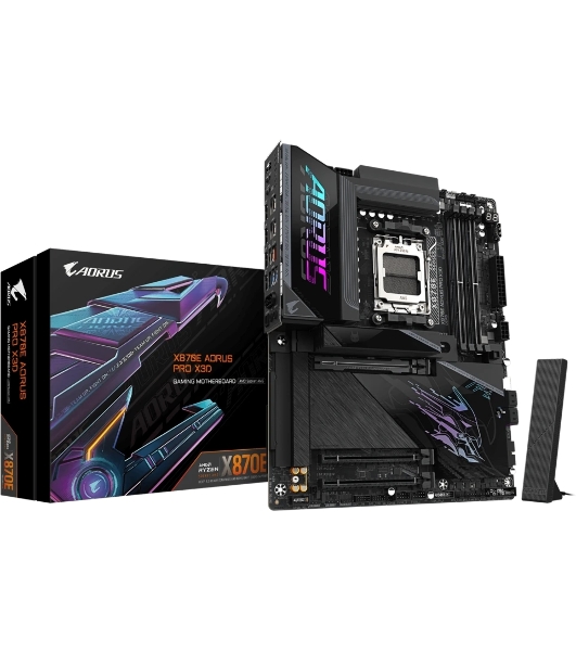 Материнская плата Gigabyte X870E AORUS PRO X3D, AM5, AMD X870E, 4xDDR5, 4xSATA, 4xM.2, 1xPCIe 5.0 x16, 1xPCIe 4.0 x16, 1xPCIe 3.0 x16, 1xHDMI, 1x5Gb LAN, Wi-Fi 7, Bluetooth 5.4, 2xUSB-C 40Gbps (USB4), 2xUSB-C 10Gbps, 5xUSB-A 10Gbps, 3xUSB-A 5Gbps, 3x3.5 мм + S/PDIF оптический, 7.1, чёрный, ATX
