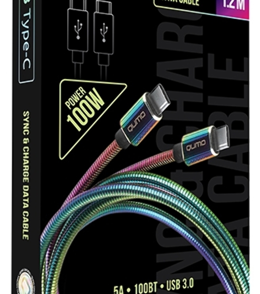 Кабель Qumo, Type С - Type C, USB 3.0, 1,2м, 5-20В, 5А, 100 Вт, опл. металл. пружинка, кон. металл, rainbow