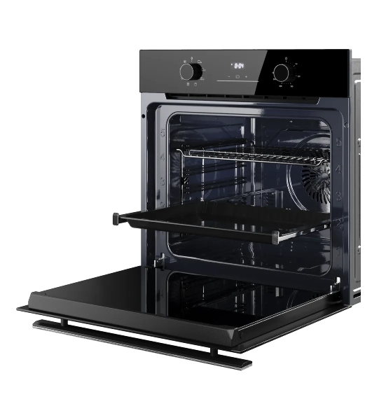 Духовой шкаф Kuppersberg HO 608 BB Glass, High-Tech, 78 л, цвет черный, цвет фурнитуры черный, поворотное управление, дисплей, таймер, 8 режимов, макс. температура 310 градусов, телескопические направляющие (на 1 уровень)