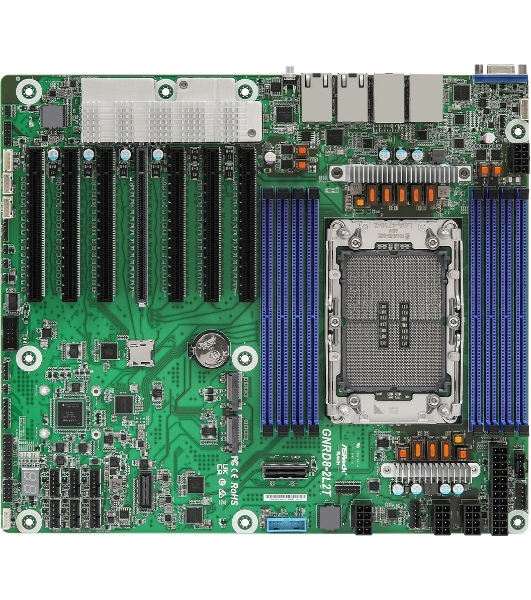Серверная материнская плата ASRock GNRD8-2L2T, 1xE2 (LGA 4710), встроен в процессор, 8xDDR5, 0xSATA, 2xM.2, 7xPCIe 5.0 x16, 1xVGA, 2x1Gb LAN, 2x10Gb LAN, IPMI, 2xUSB-A 5Gbps, SSI CEB
