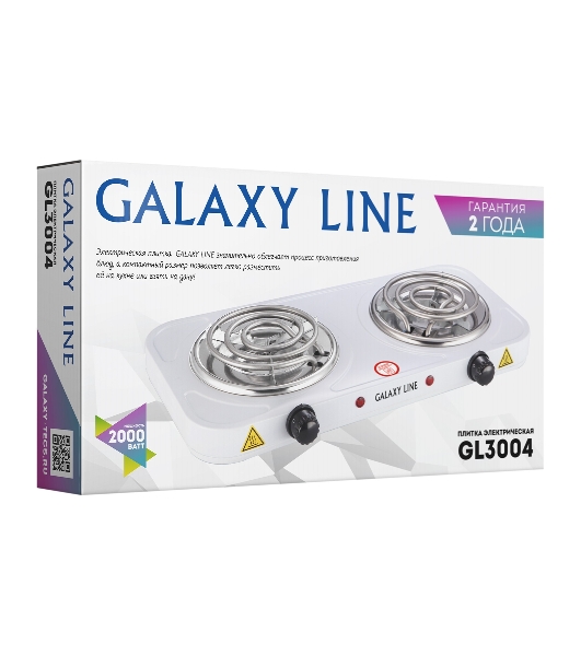 Плита настольная электрическая Galaxy Line GL 3004 белый, 2 кВт, ТЭН, конфорки - 2, эмаль, поворотные переключатели