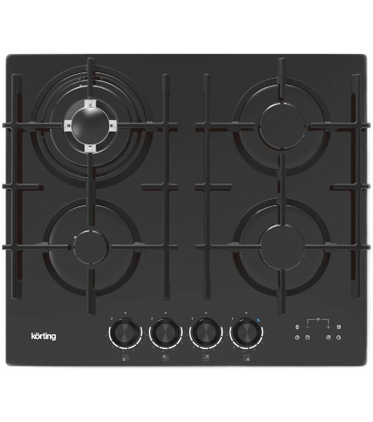 Встраиваемая варочная панель KORTING HGG 6447 ICPTN, газовая, 60 см, 4 конфорки, WOK, газ-контроль, электроподжиг, конфорки SABAF, функция управления вытяжкой (KHI 6099 ICGN, KHI 9099 ICGN), электронный таймер с цифровой индикацией, индикация интенсивности нагрева, адаптер под сжиженныый газ, цвет черное стекло