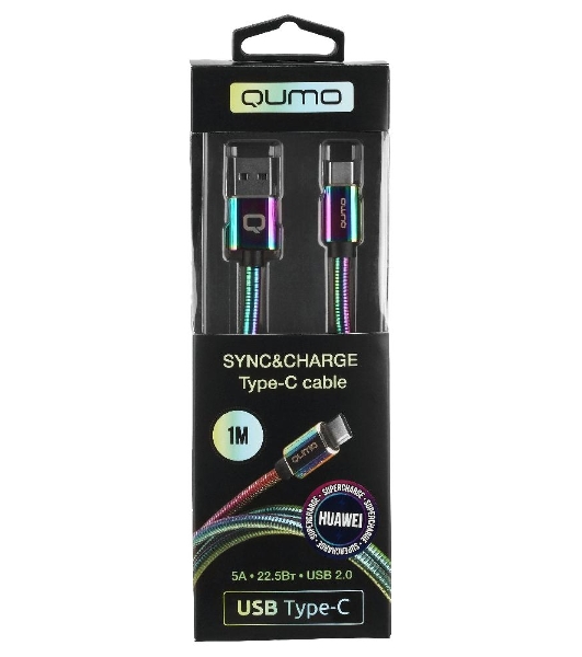 Кабель Qumo, USB 2.0-Type C, 1м, 5/9/12В, 5A, 22.5Вт (Huawei FCP и SCP), опл. металл. пружинка, кон. металл, rainbow