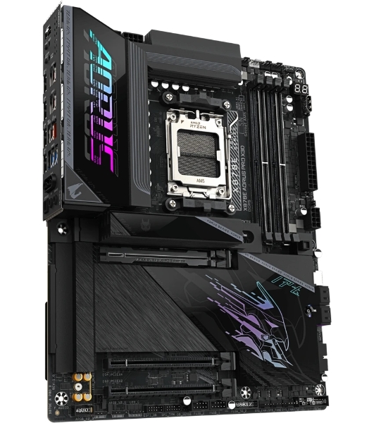 Материнская плата Gigabyte X870E AORUS PRO X3D, AM5, AMD X870E, 4xDDR5, 4xSATA, 4xM.2, 1xPCIe 5.0 x16, 1xPCIe 4.0 x16, 1xPCIe 3.0 x16, 1xHDMI, 1x5Gb LAN, Wi-Fi 7, Bluetooth 5.4, 2xUSB-C 40Gbps (USB4), 2xUSB-C 10Gbps, 5xUSB-A 10Gbps, 3xUSB-A 5Gbps, 3x3.5 мм + S/PDIF оптический, 7.1, чёрный, ATX
