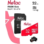 Флеш карта Netac P500 ECO 32Gb MicroSDHC C10 up to 80Mb/s, retail pack with SD Adapter, фото 1