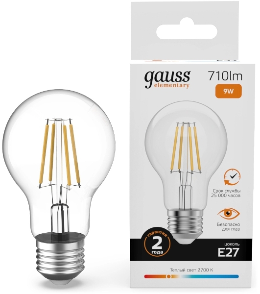 Лампа светодиодная филаментная Gauss Filament 9Вт цок.: E27 груша св. свеч. бел. теп. (упак.: 10 шт)