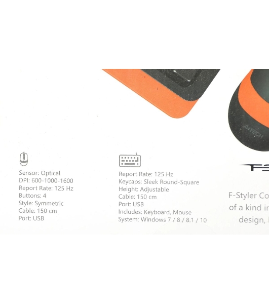 Комплект клавиатура+мышь A4Tech FStyler F1010 проводной, USB, 1600 DPI, чёрный/оранжевый