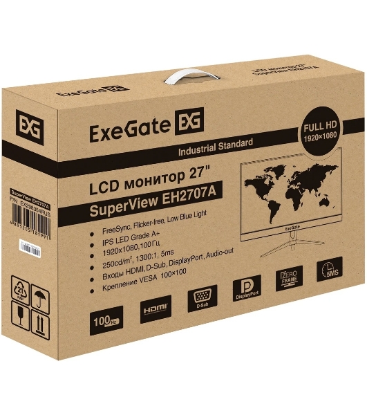 Монитор 27' ExeGate SuperView EH2707A IPS 1920x1080, 100 Гц, 5 мс, 16:9, 250 кд/м², HDMI 2.0, DP, VGA, 3.5 мм, FreeSync, черный