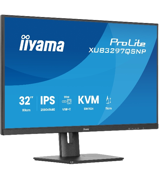 Монитор 32' Iiyama ProLite XUB3297QSNP-B1 IPS QHD, 100 Гц, 1 мс (MPRT), 16:9, 350 кд/м², HDMI 2.0, DP 1.4, USB-C (95 Вт PD), встроенные динамики (2x2.5 Вт), KVM-модуль, поворотная подставка, черный