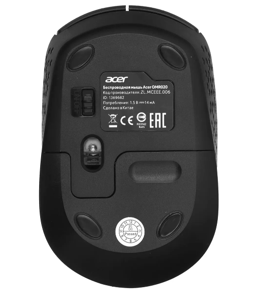 Мышь беспроводная Acer OMR020 черный, 1200 dpi, радиоканал, USB, кнопки - 3