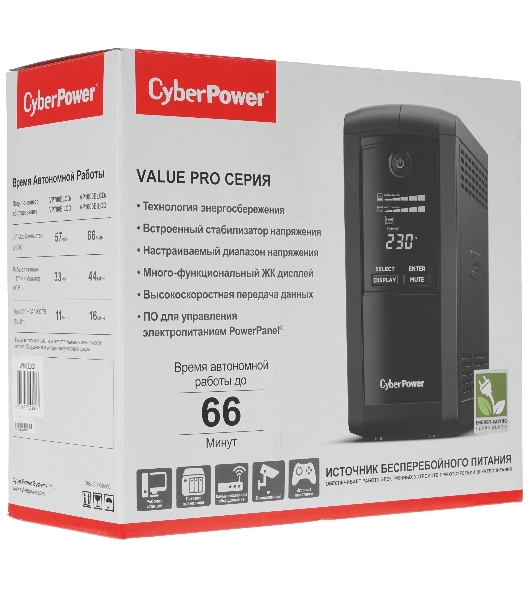 Источник бесперебойного питания CyberPower VP1000ELCD/1000 ВА/550 Вт/USB/RS-232/RJ-11/RJ-45/4 х CEE 7 (евророзетка)