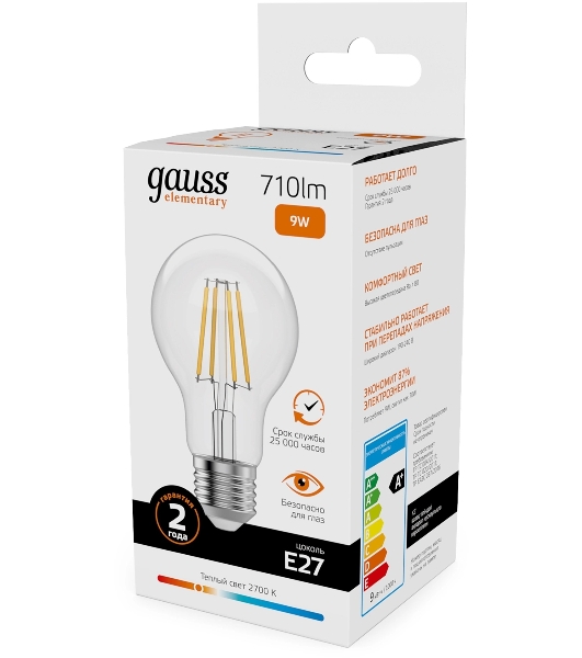 Лампа светодиодная филаментная Gauss Filament 9Вт цок.: E27 груша св. свеч. бел. теп. (упак.: 10 шт)