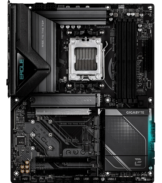 Материнская плата Gigabyte X870E EAGLE WIFI7, AM5, AMD X870E, 4xDDR5, 4xSATA, 4xM.2, 1xPCIe 5.0 x16, 1xPCIe 4.0 x16, 1xPCIe 3.0 x16, 1xHDMI, 1x5Gb LAN, Wi-Fi 7, Bluetooth 5.4, 2xUSB-C 40Gbps (USB4), 2xUSB-A 10Gbps, 4xUSB-A 5Gbps, 2xUSB-A 2.0, 3x3.5 мм + S/PDIF оптический, 7.1, чёрный, ATX