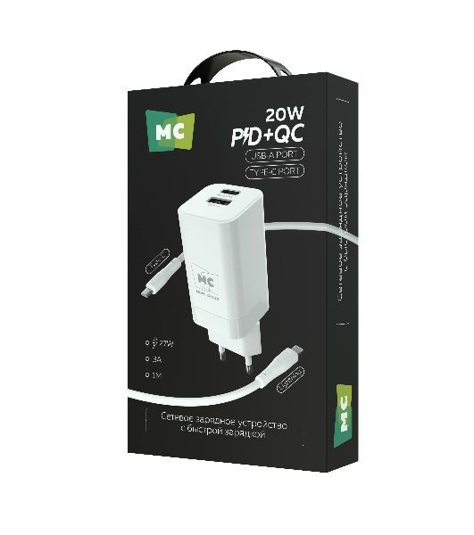 Сетевое зарядное устройство MORE CHOICE NC85i 1USB+1Type-C 3.0A PD 20W+QC3.0 для Lightning 8-pin Type-C, белый