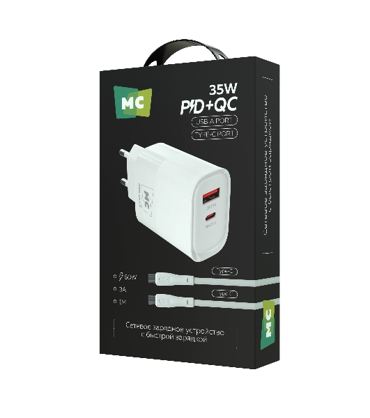 Сетевое зарядное устройство MORE CHOICE NC82a 1USB+1Type-C 3.0A PD 35W+QC3.0 для Type-C Type-C, белый