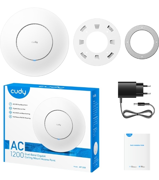 Точка доступа Cudy AC1200 Dual Band Gigabit Ceiling Mount Access Point, MT7621DAN+MT7613B+MT7603E, 867Mbps at 5GHz + 300Mbps at 2.4GHz, 1 x GbE RJ45 Port, Support 12V DC or 802.3af PoE or Passive PoE, Internal Antennas, 48V passive PoE adapter included, Cudy Mesh Support