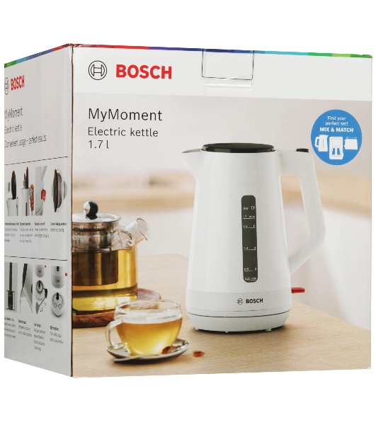 Электрочайник Bosch TWK1M121 белый, 1.7 л, 2400 Вт, скрытый нагревательный элемент