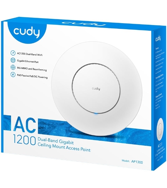 Точка доступа Cudy AC1200 Dual Band Gigabit Ceiling Mount Access Point, MT7621DAN+MT7613B+MT7603E, 867Mbps at 5GHz + 300Mbps at 2.4GHz, 1 x GbE RJ45 Port, Support 12V DC or 802.3af PoE or Passive PoE, Internal Antennas, 48V passive PoE adapter included, Cudy Mesh Support