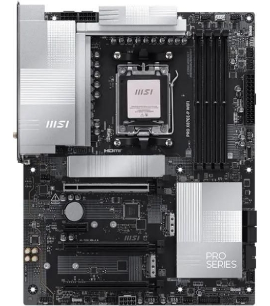 Материнская плата MSI PRO X870E-P WIFI, AM5, AMD X870E, 4xDDR5, 4xSATA, 3xM.2, 1xPCIe 5.0 x16, 1xPCIe 4.0 x4, 1xPCIe 3.0 x1, 1xHDMI, 1x5Gb LAN, Wi-Fi 7, Bluetooth 5.4, 1xUSB-C 20Gbps, 1xThunderbolt 4, 2xUSB-A 10Gbps, 2xUSB-A 5Gbps, 4xUSB-A 2.0, 3x3.5 мм, 7.1, ATX