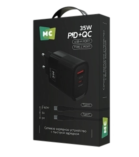 Сетевое зарядное устройство MORE CHOICE NC82a 1USB+1Type-C 3.0A PD 35W+QC3.0 для Type-C Type-C черный