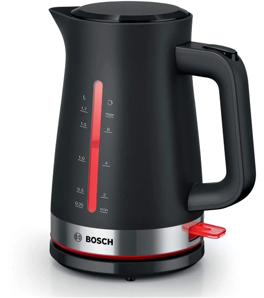 Электрочайник Bosch TWK4M223 черный, 1.7 л, 2400 Вт, скрытый нагревательный элемент