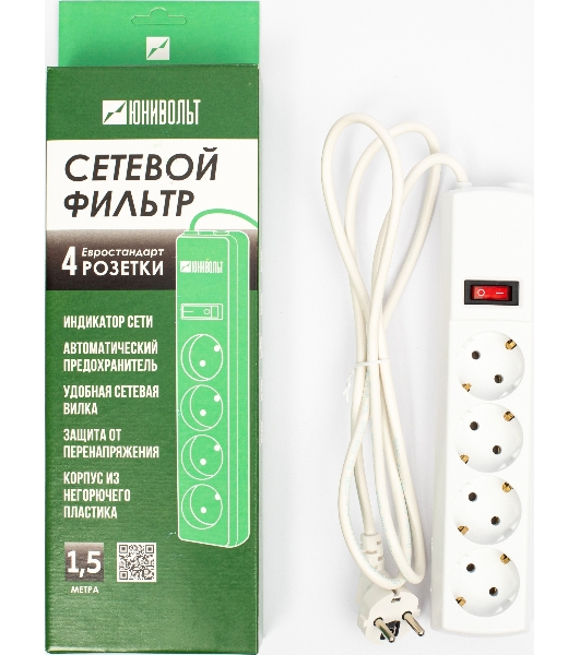 Сетевой фильтр Юнивольт 00-00000386 1.5м (4 розетки) белый (коробка)