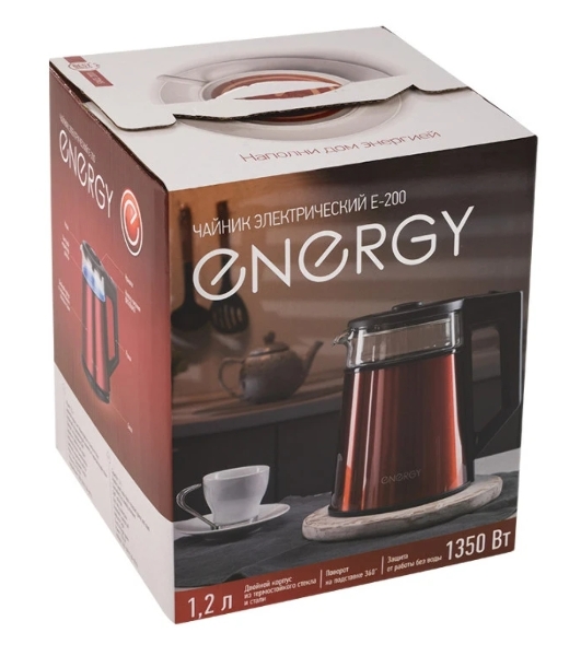 Чайник Energy E-200 (1,2 л), стекло, красный, двойной корпус
