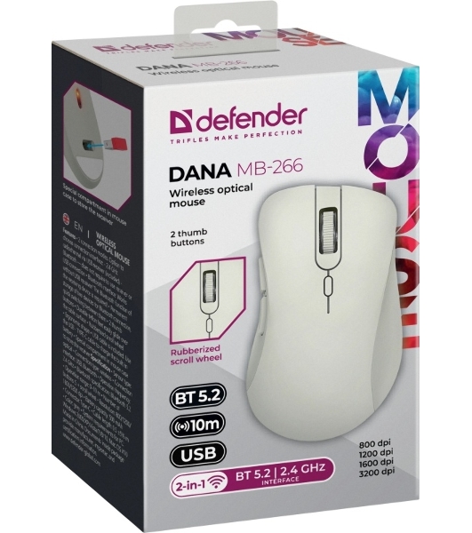 Мышь беспроводная Defender Dana MB-266 светло-серый, 3200 dpi, радиоканал, Bluetooth, USB, кнопки - 6