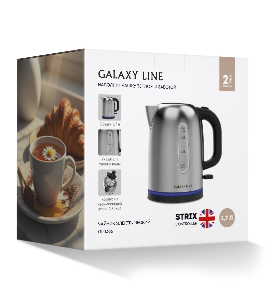 Электрочайник Galaxy GL 0366 серебристый, 1.7 л, 2200 Вт, скрытый нагревательный элемент