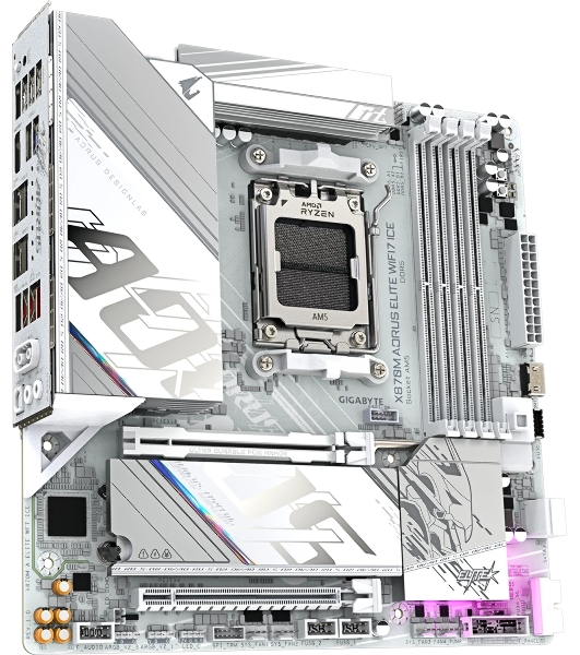 Материнская плата Gigabyte X870M AORUS ELITE WIFI7 ICE, AM5, AMD X870, 4xDDR5, 2xSATA, 2xM.2, 1xPCIe 5.0 x16, 1xPCIe 4.0 x16, 1xHDMI, 1x2.5Gb LAN, Wi-Fi 7, Bluetooth 5.4, 2xUSB-C 40Gbps (USB4), 2xUSB-A 10Gbps, 4xUSB-A 5Gbps, 4xUSB-A 2.0, 3x3.5 мм + S/PDIF оптический, 7.1, белый, mATX