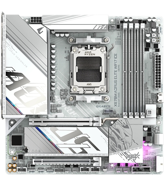 Материнская плата Gigabyte X870M AORUS ELITE WIFI7 ICE, AM5, AMD X870, 4xDDR5, 2xSATA, 2xM.2, 1xPCIe 5.0 x16, 1xPCIe 4.0 x16, 1xHDMI, 1x2.5Gb LAN, Wi-Fi 7, Bluetooth 5.4, 2xUSB-C 40Gbps (USB4), 2xUSB-A 10Gbps, 4xUSB-A 5Gbps, 4xUSB-A 2.0, 3x3.5 мм + S/PDIF оптический, 7.1, белый, mATX