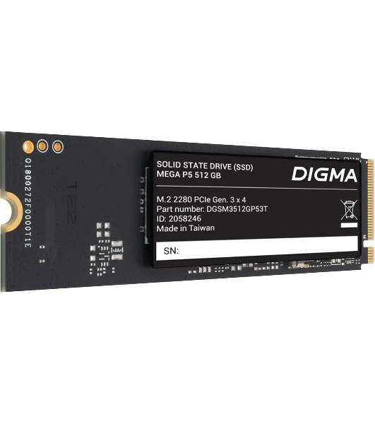 Накопитель SSD Digma Mega P5 DGSM3512GP53T, 512Gb, PCIe 3.0 x4, M.2 2280, NVMe, R/W 2900/2000