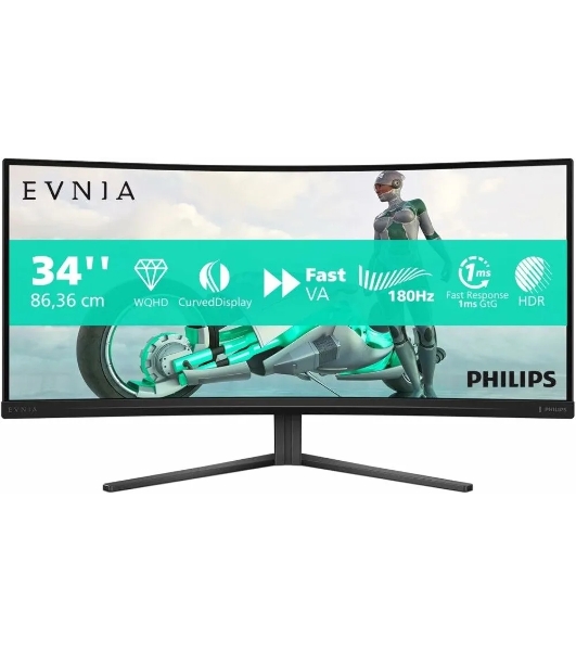 Монитор 34' Philips 34M2C3500L VA 3440x1440, 180 Гц, 1 мс, 21:9, 300 кд/м², 2xHDMI, 1xDP, 1x3.5 мм, изогнутый R1500, черный