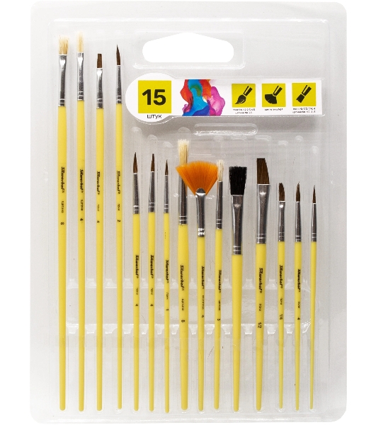 Набор кистей Silwerhof Color (набор 15шт) пони круглая №1,2,3,4,5/плоская №1/2, 1/4, 4/круглая №3,5/плоская №1/2, 4, 8/синтетика веерная №4