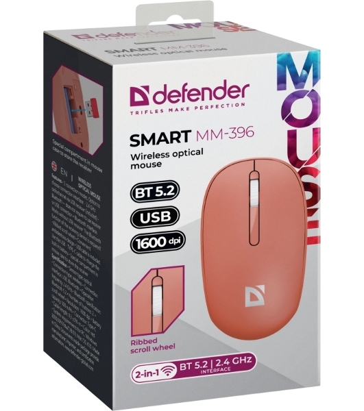 Мышь беспроводная Defender Smart MM-396 красный, 1600 dpi, радиоканал, Bluetooth, USB, кнопки - 3