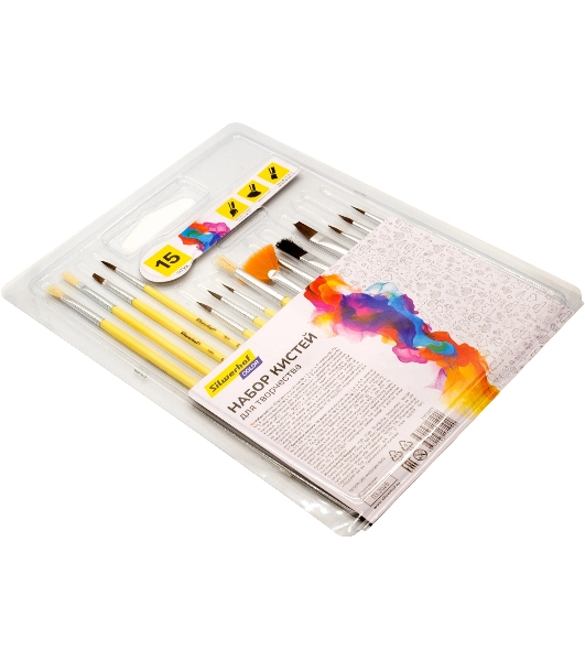 Набор кистей Silwerhof Color (набор 15шт) пони круглая №1,2,3,4,5/плоская №1/2, 1/4, 4/круглая №3,5/плоская №1/2, 4, 8/синтетика веерная №4