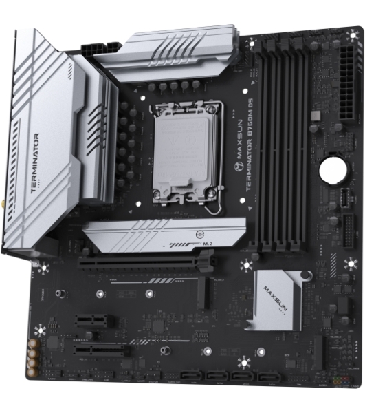 Материнская плата Maxsun Terminator B760M D5 WIFI, LGA 1700, Intel B760, 4xDDR5, 4xSATA, 3xM.2, 1xPCIe 5.0 x16, 1xPCIe x4, 1xPCIe x1, 1xHDMI, 1xDP, 1x 2.5Gb LAN, 6xUSB 2.0, 2xUSB 3.2 Gen 2, 3x3.5 мм, 5.1, mATX