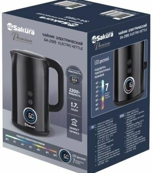 Чайник электрический Sakura SA-2185DBK Premium 1.7 л, дисплей, черный