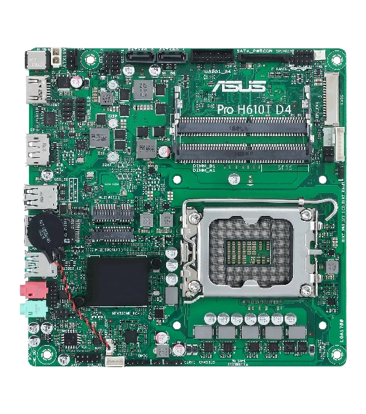 Материнская плата ASUS Pro H610T D4-CSM, LGA 1700, Intel H610, 2xSO-DIMM DDR4, 2xSATA, 1xM.2 (PCIe 4.0 x4/SATA), 1xHDMI, 1xDP, 1x 1Gb LAN, 2xUSB-A 3.2 Gen 1, 2xUSB-A 2.0, 2x3.5 мм, 7.1, Mini-ITX
