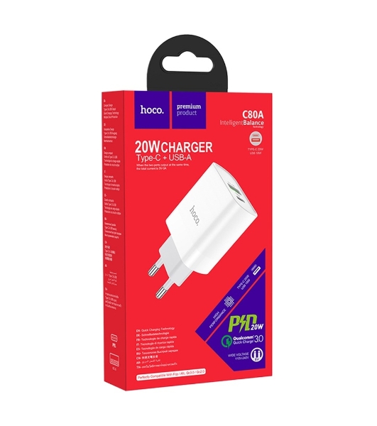 Сетевое зарядное устройство HOCO C80A Rapido 1xUSB + 1xUSB-C, 3.1A, 20W, белый