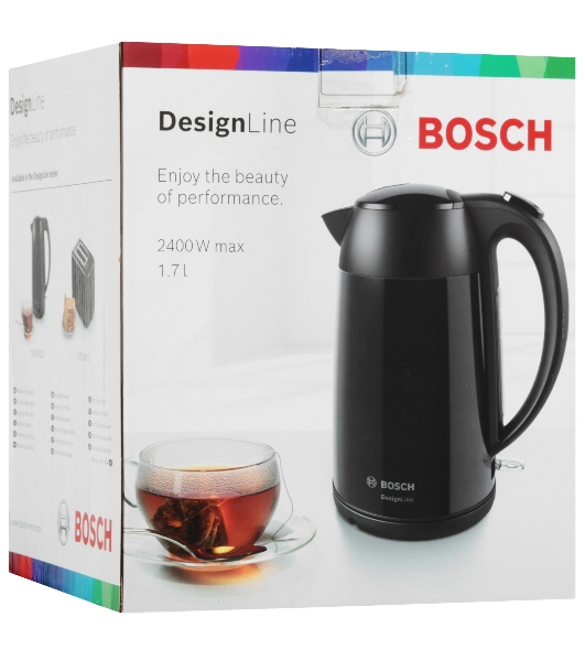 Электрочайник Bosch TWK3P423 черный, 1.7 л, 2400 Вт, скрытый нагревательный элемент