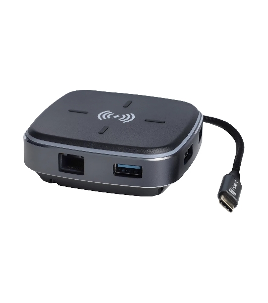 Многофункциональная док-станция Intrend ITACS-9W Type-C с беспроводной зарядкой 3 встроенных высокоскоростных USB 3.0, встроенный высокоскоростной TF и SD карт ридер, разъем RJ-45 для подключения к локальной сети HDMI 4K/30Hz, 60W Power Delivery порт,