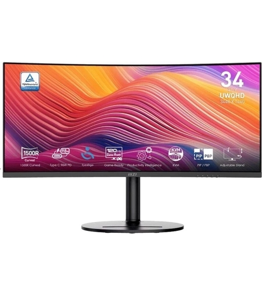 Монитор 34' MSI Modern MD342CQP VA 3440x1440, 120 Гц, 4 мс, 21:9, 300 кд/м², 2xHDMI 2.0b, DP 1.4a, USB-C, USB Hub (2x USB 3.0), 3.5 Jack, динамики (2x3 Вт), Adaptive-Sync, изогнутый экран (1500R), черный