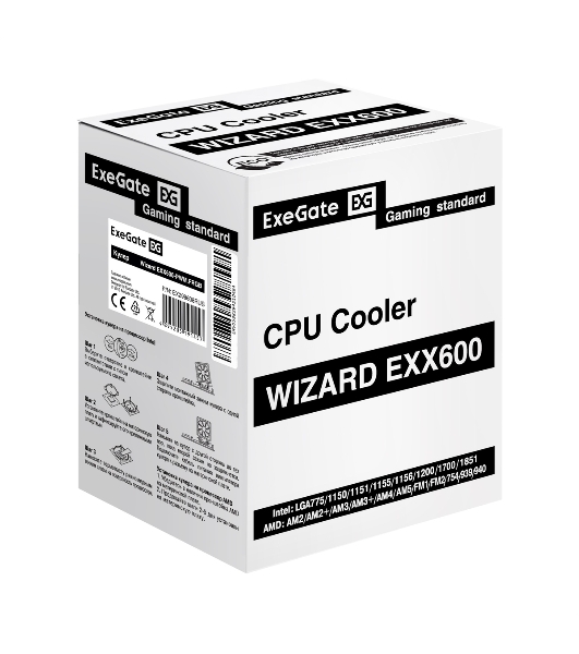 Кулер ExeGate Wizard EXX600-PWM.FRGb (Al+Cu, 6 тепл.трубки, LGA775/1150/1151/1155/1156/1200/1700/1851/AM2/AM2+/AM3/AM3+/AM4/AM5/FM1/FM2/754/939/940, TDP 180W, Fan 120мм PWM, 800-2400RPM, Hydro bearing, 4pin, 11-24db, 540г, FRGb подсветка, с термопастой, на защелках, Color Box)