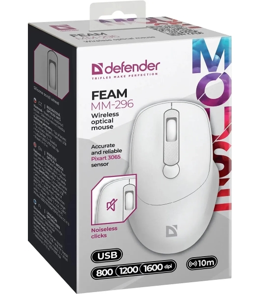 Мышь беспроводная Defender Feam MM-296 белый, 1600 dpi, радиоканал, USB, кнопки - 4