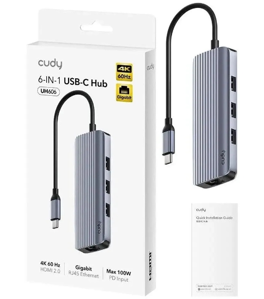 USB-концентратор CUDY UH606, USB Type-C, HDMI + RJ-45 + USB, USB Type-C