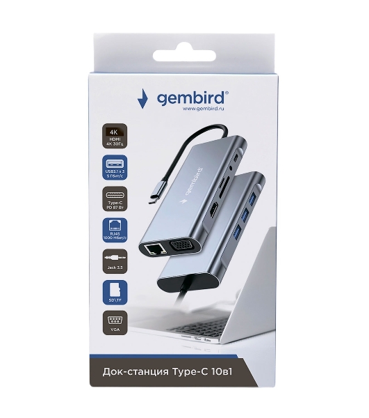 Док-станция Gembird UHB-D4, USB Type-C PD87W, USB, Jack 3.5, SD/TF, HDMI, RJ45, VGA, USB