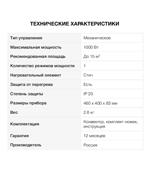 Конвектор электрический Starwind SHV1010 белый, 1000 Вт, 15 м2, термостат