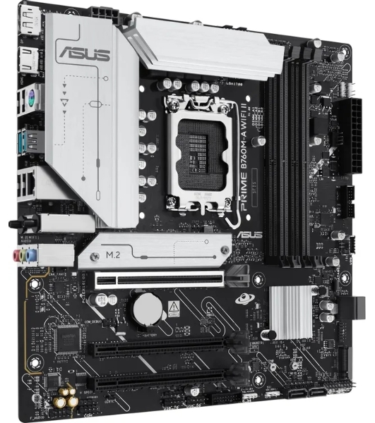 Материнская плата ASUS PRIME B760M-A WIFI II, LGA 1700, Intel B760, 4xDDR5, 4xSATA, 2xM.2, 1xPCIe 5.0 x16, 2xPCIe 4.0 x16, 1xHDMI, 1xDP, 1x2.5Gb LAN, Wi-Fi 6E, Bluetooth 5.4, 2xUSB-A 10Gbps, 4xUSB-A 2.0, 3x3.5 мм, 7.1, mATX