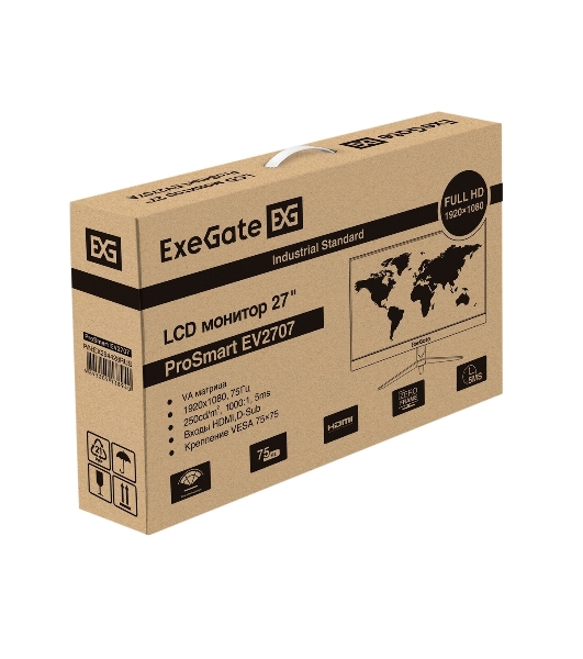 Монитор 27' ExeGate ProSmart EV2707 VA 1920x1080, 75 Гц, 5 мс, 16:9, 250 кд/м2, 1xHDMI, 1xVGA, черный